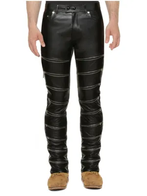 Skinny Zipper Front Genuine Leather Pants for Men