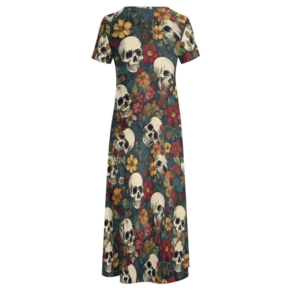 Skulls With Fall Flowers Round Neck Short Sleeve Maxi Dress