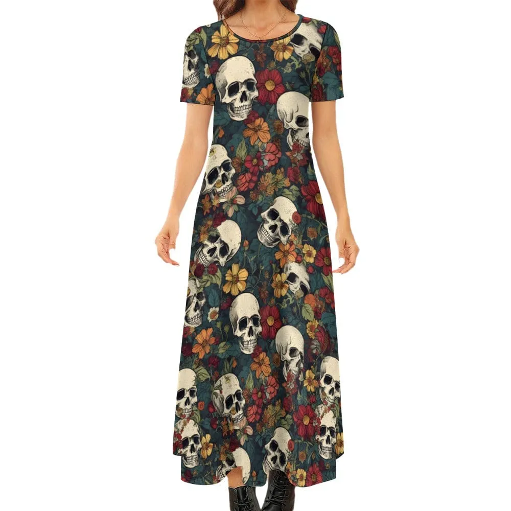 Skulls With Fall Flowers Round Neck Short Sleeve Maxi Dress