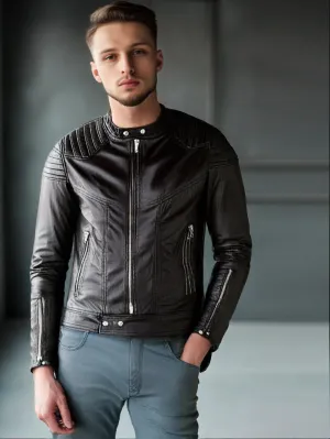Slim Fit Black Genuine Leather Moto Jacket for Men