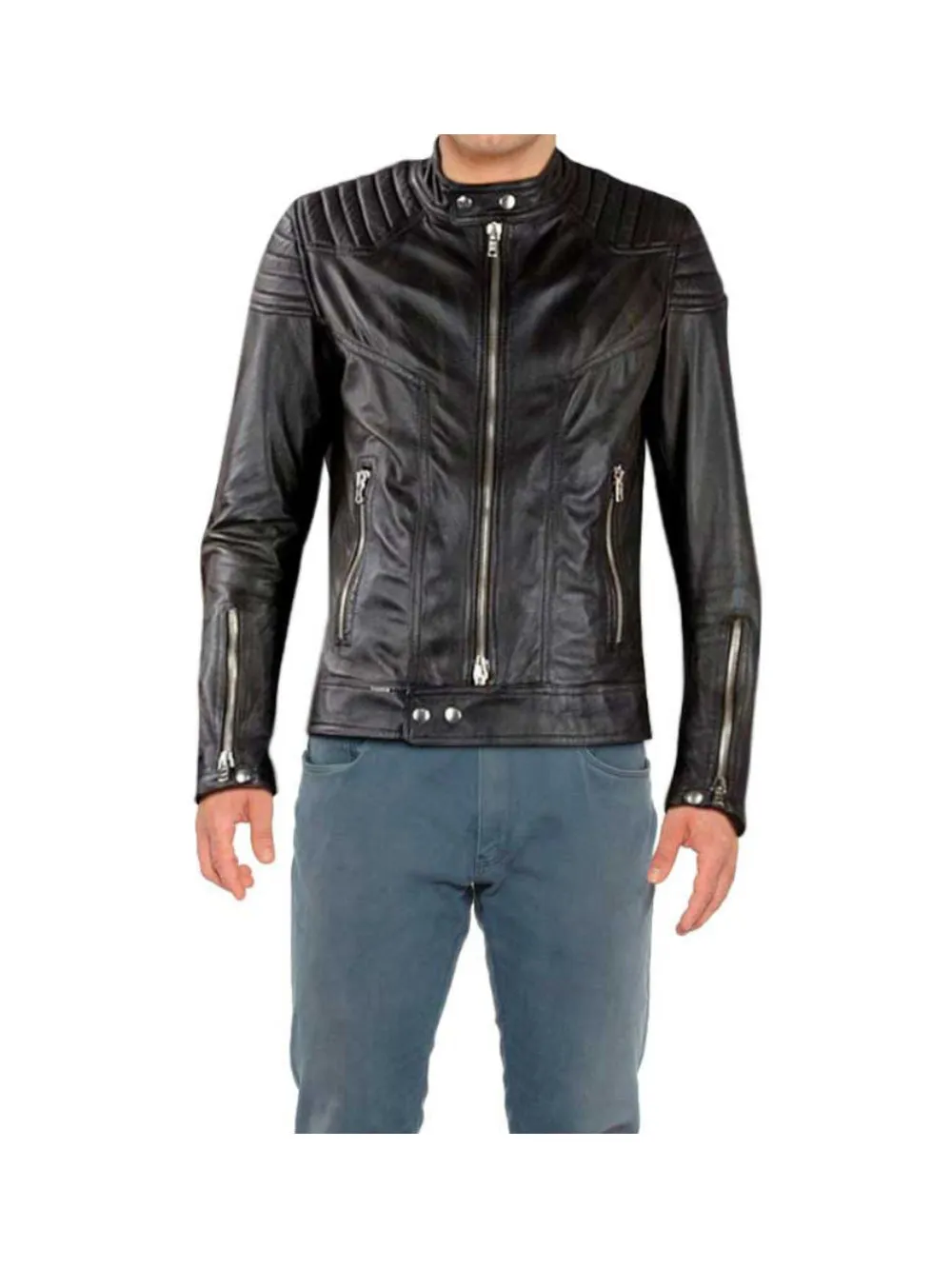 Slim Fit Black Genuine Leather Moto Jacket for Men