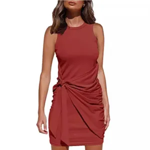 Solid Color Irregular Waistband Round Neck Sleeveless Dresses Wholesale Womens Clothing N3824052000007