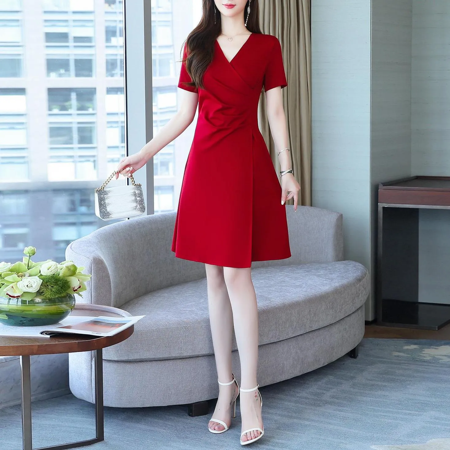 Solid Cotton Poplin Dress with Stylish Wrap Neckline