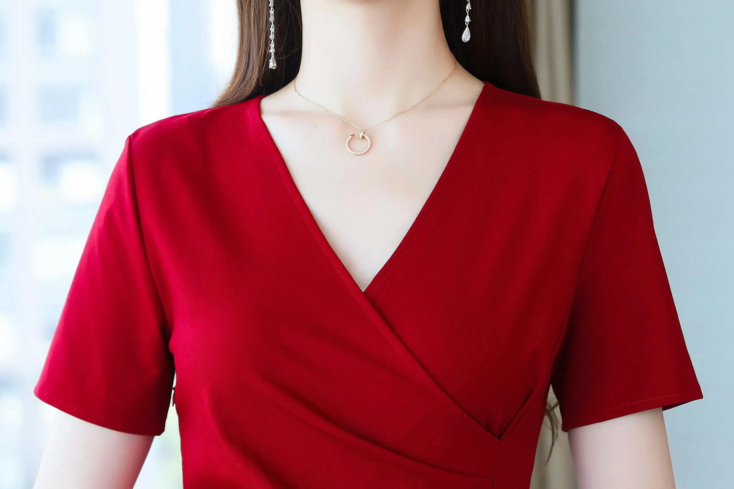 Solid Cotton Poplin Dress with Stylish Wrap Neckline
