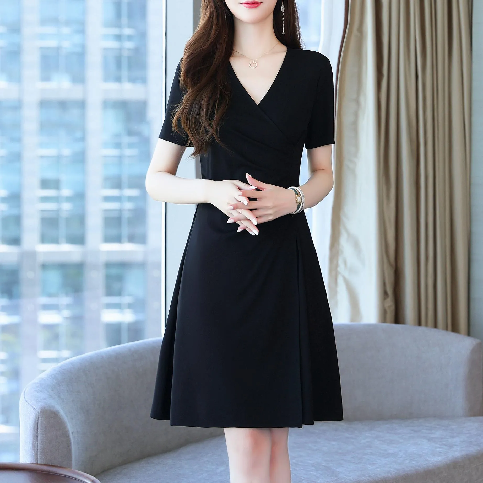 Solid Cotton Poplin Dress with Stylish Wrap Neckline