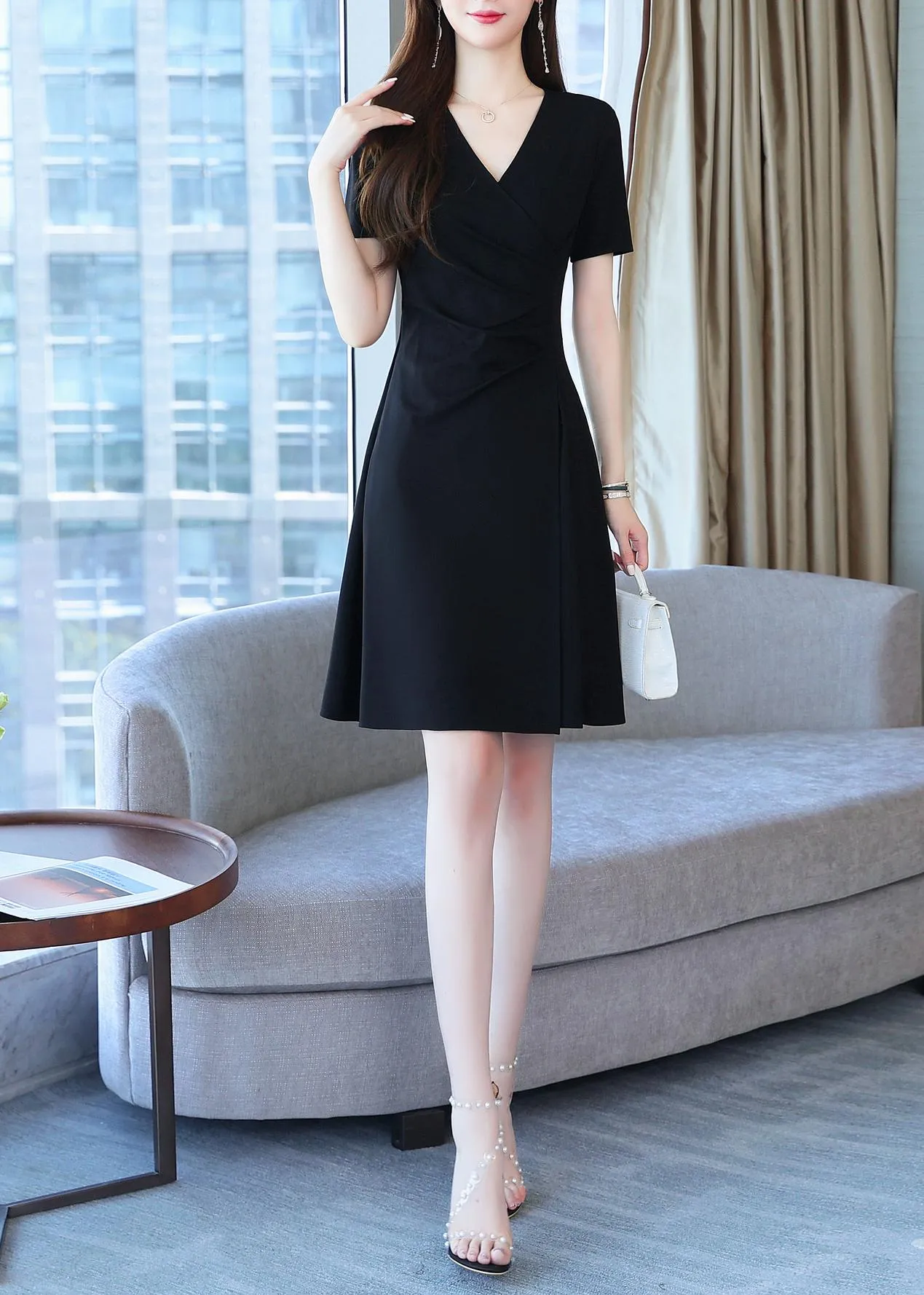 Solid Cotton Poplin Dress with Stylish Wrap Neckline