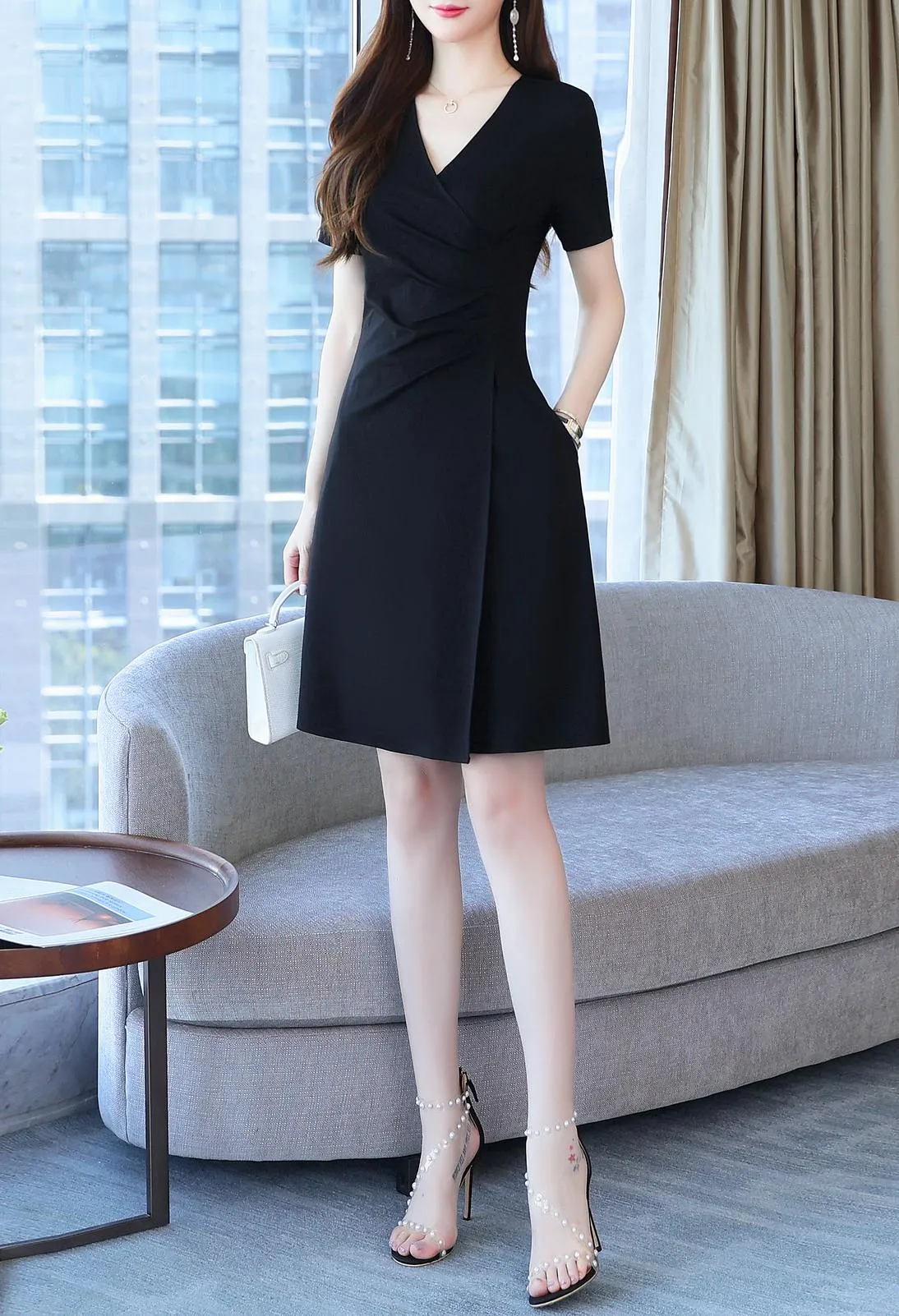 Solid Cotton Poplin Dress with Stylish Wrap Neckline