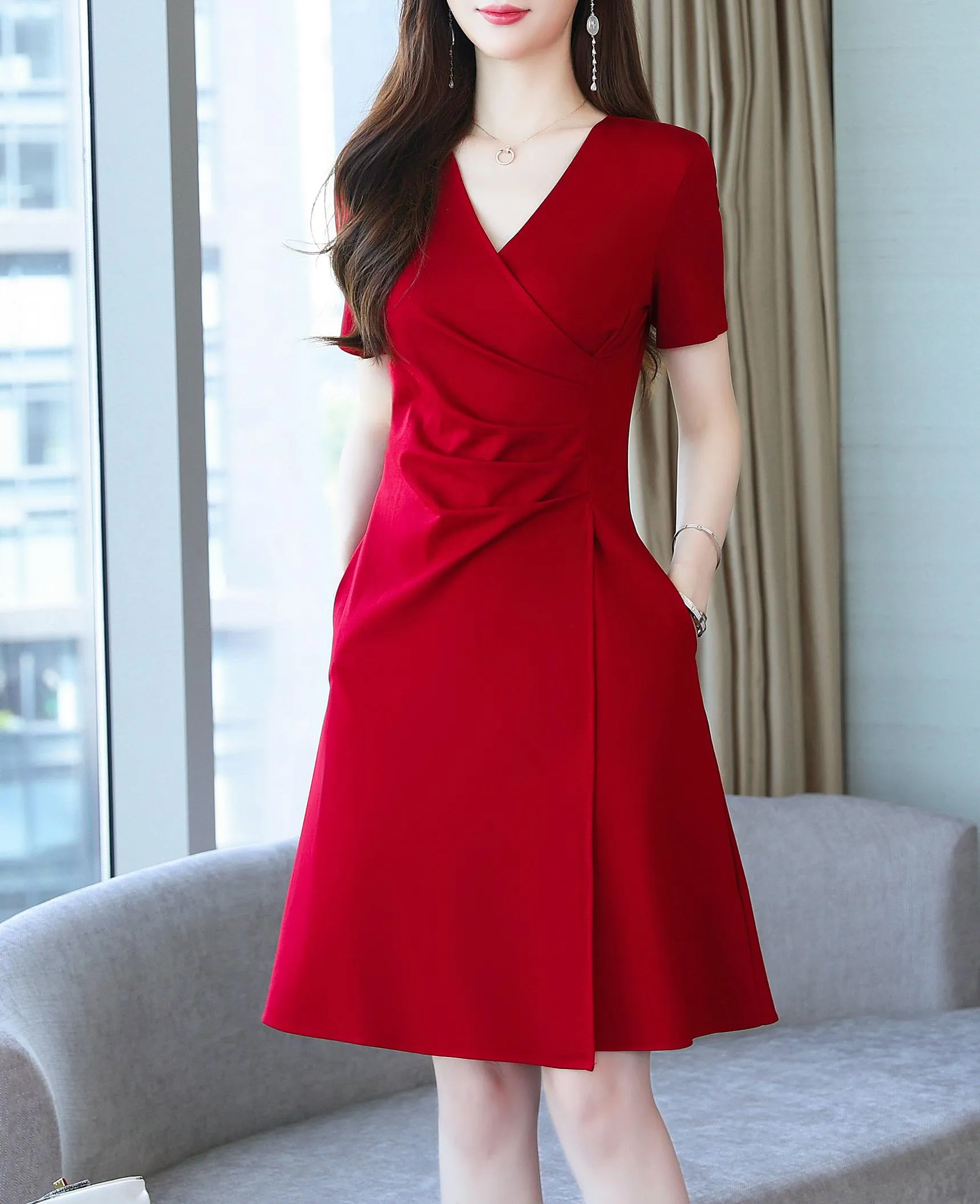 Solid Cotton Poplin Dress with Stylish Wrap Neckline