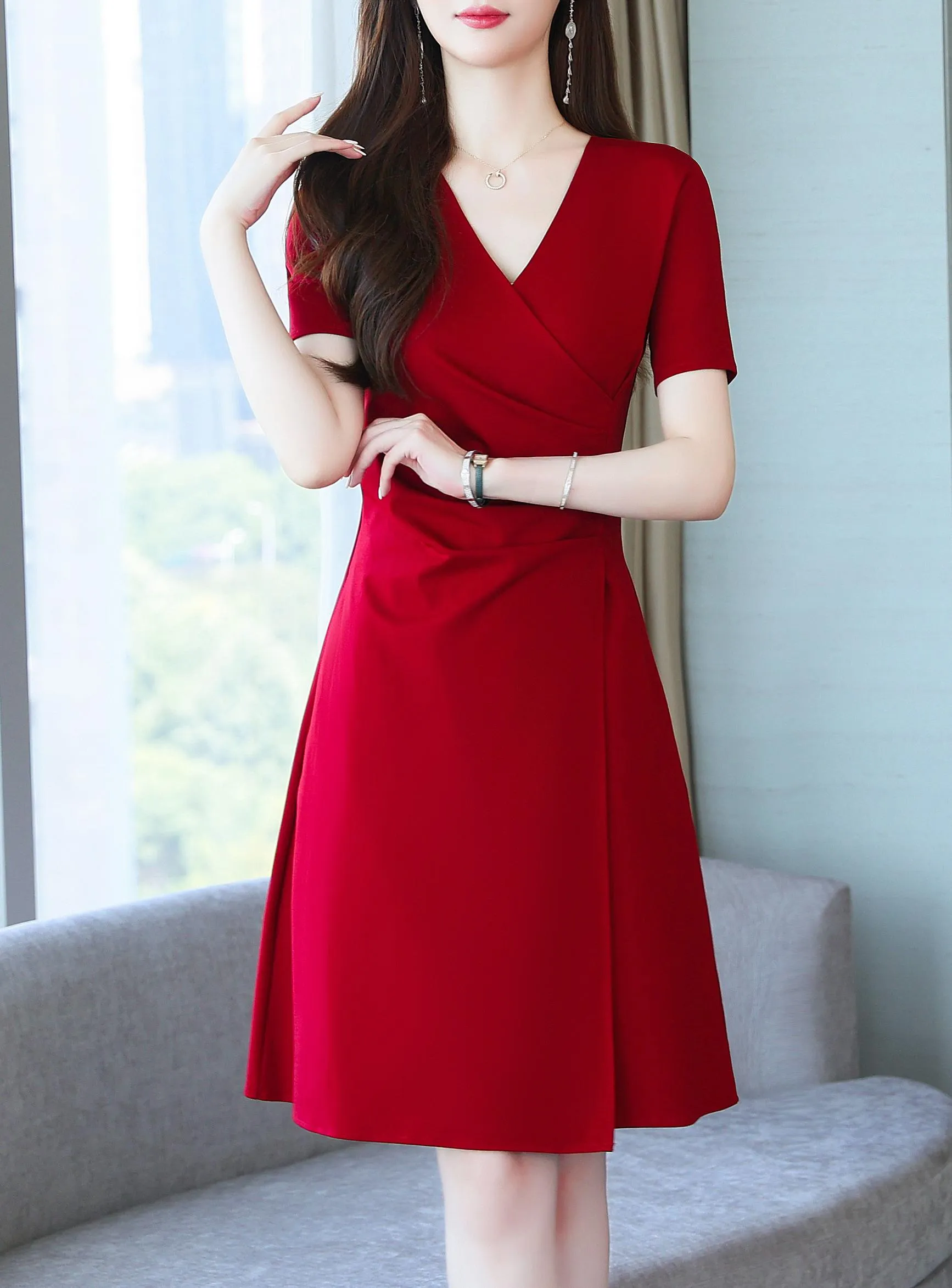 Solid Cotton Poplin Dress with Stylish Wrap Neckline