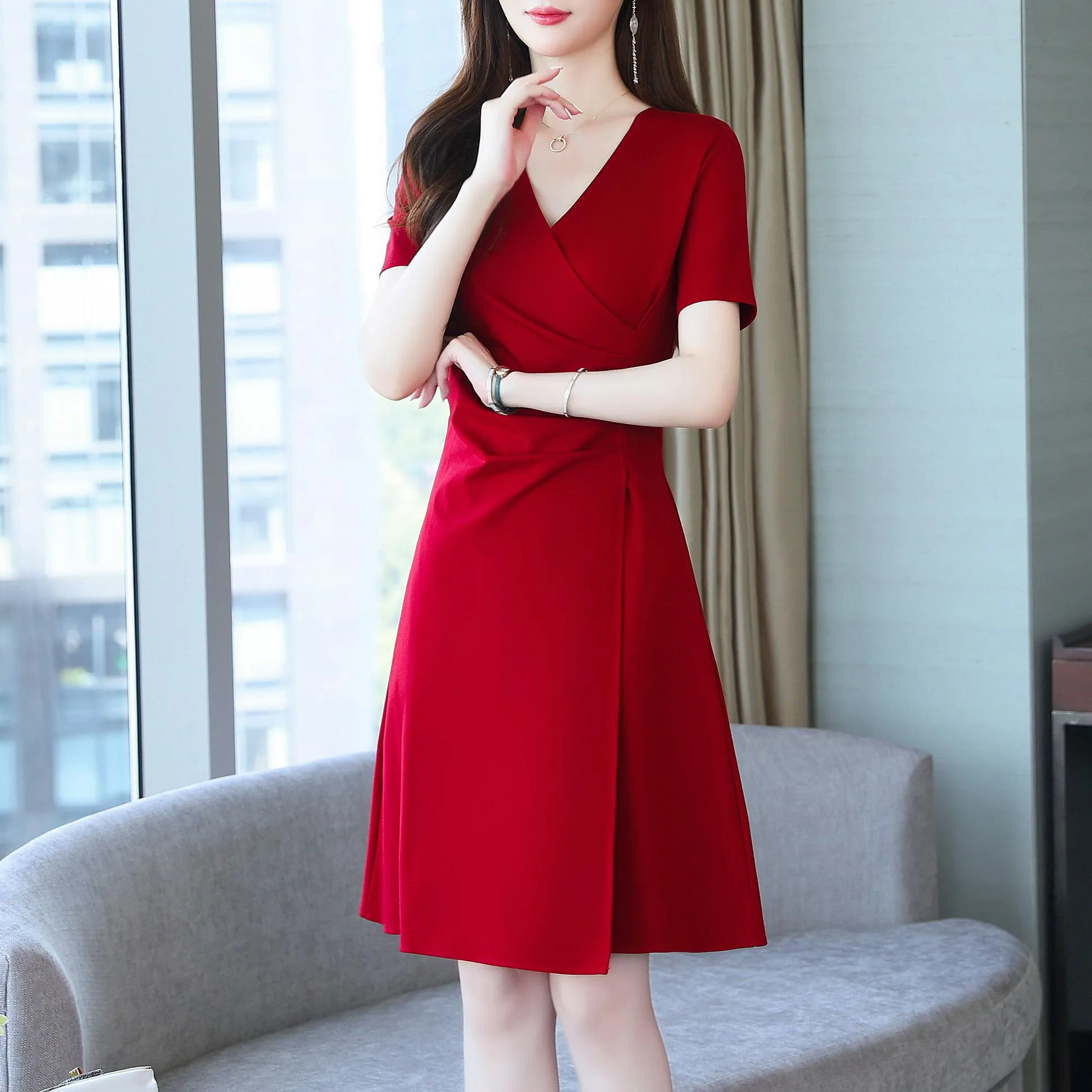 Solid Cotton Poplin Dress with Stylish Wrap Neckline