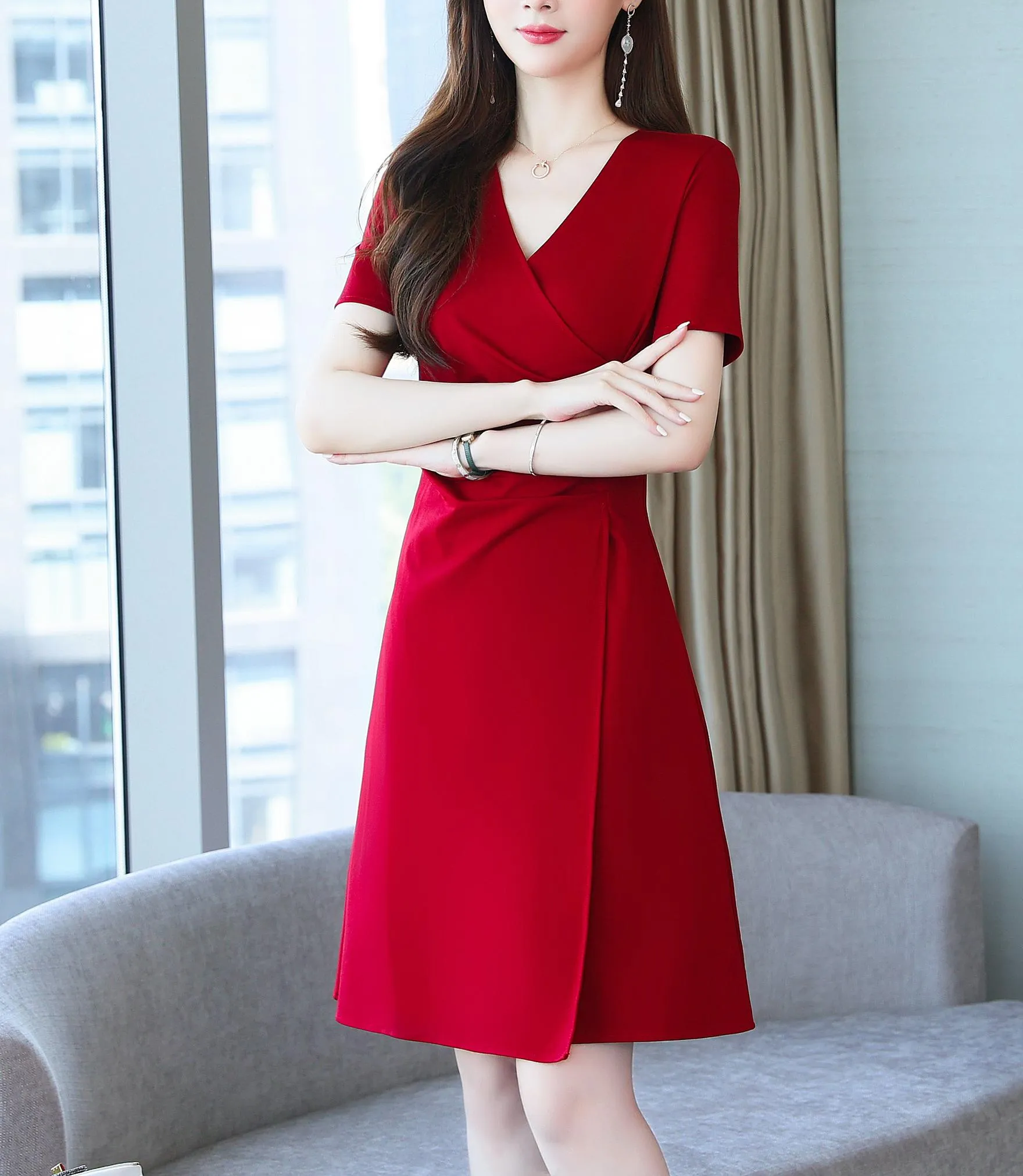 Solid Cotton Poplin Dress with Stylish Wrap Neckline