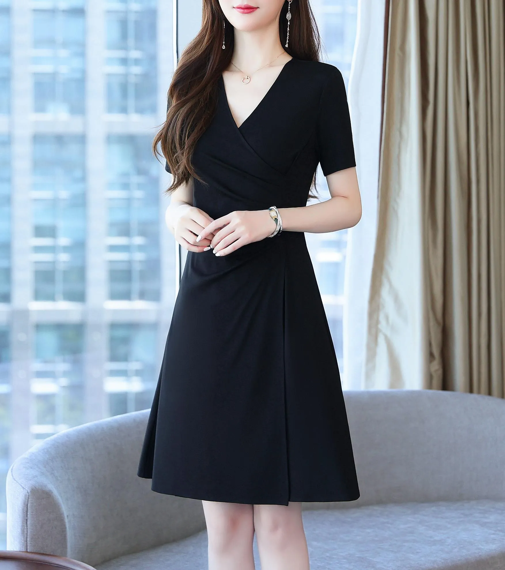Solid Cotton Poplin Dress with Stylish Wrap Neckline