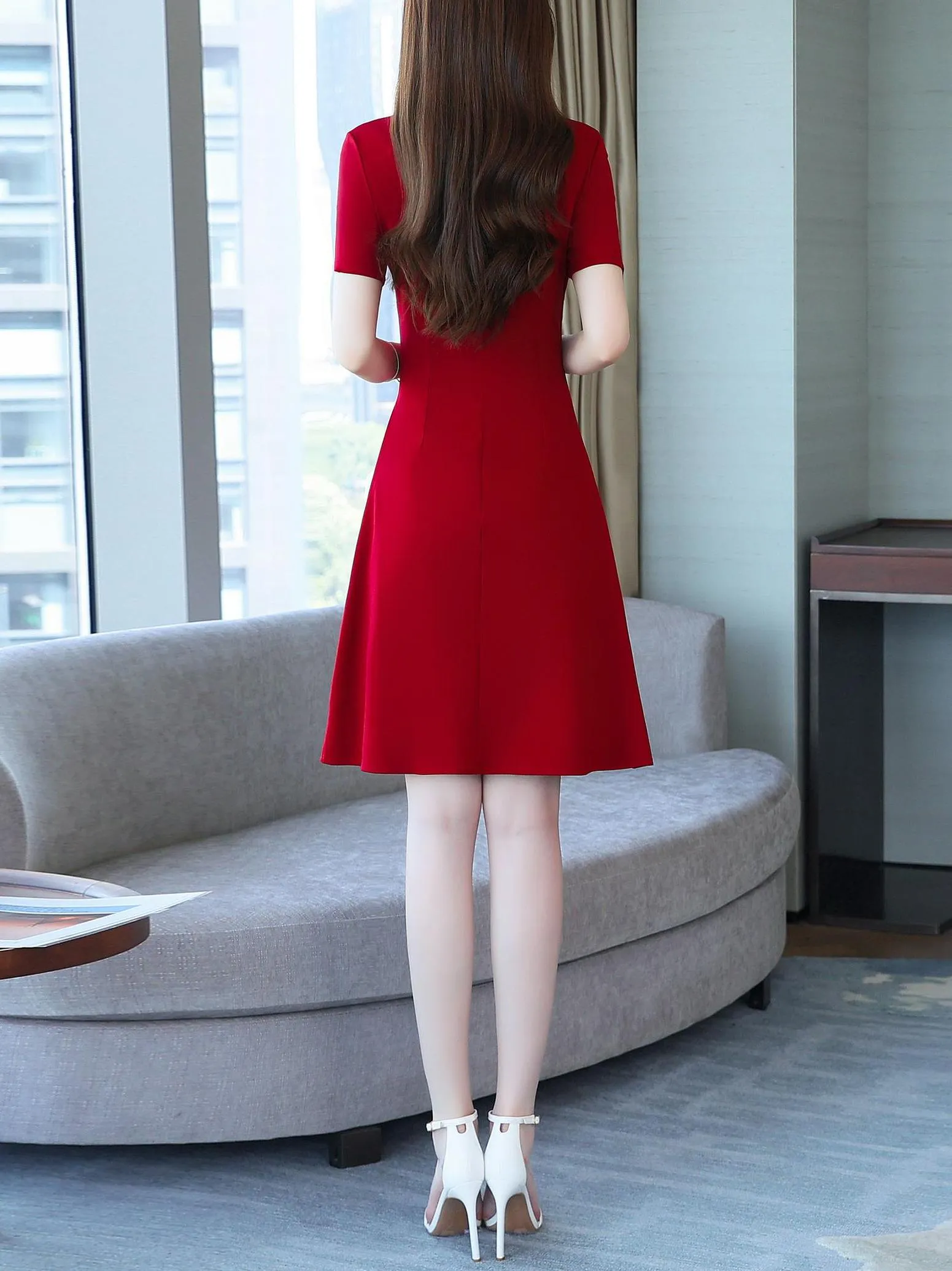 Solid Cotton Poplin Dress with Stylish Wrap Neckline