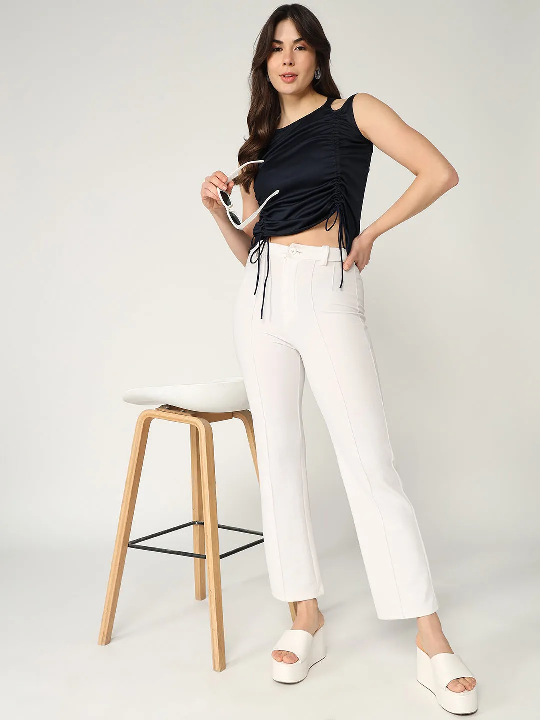 Solid Sleeveless Top With Ruched Drawstring Detailing  (Set Of 1)