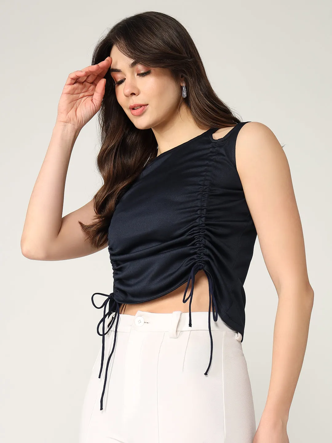 Solid Sleeveless Top With Ruched Drawstring Detailing  (Set Of 1)