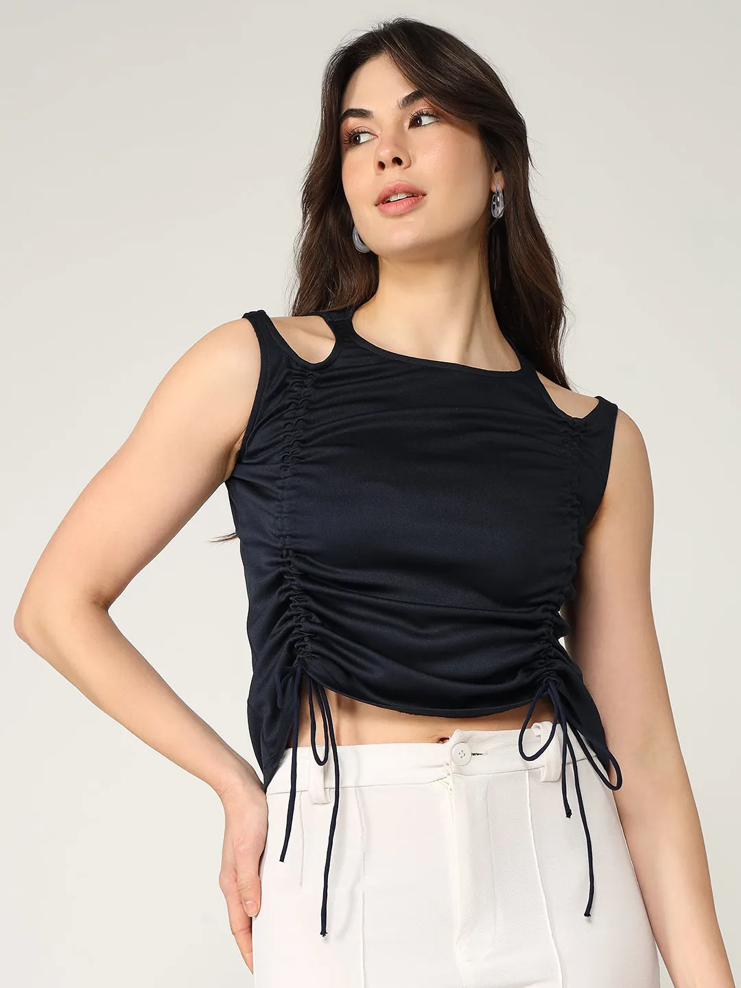 Solid Sleeveless Top With Ruched Drawstring Detailing  (Set Of 1)