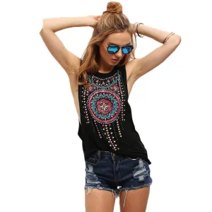 Style Women Tops Black Round Neck Sleeveless Vintage Tribal Print Fitness Casual Tank Tops