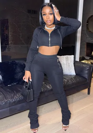 Stylish Cropped Hoodie and Ruched High-Waist Pants Two-Piece Set