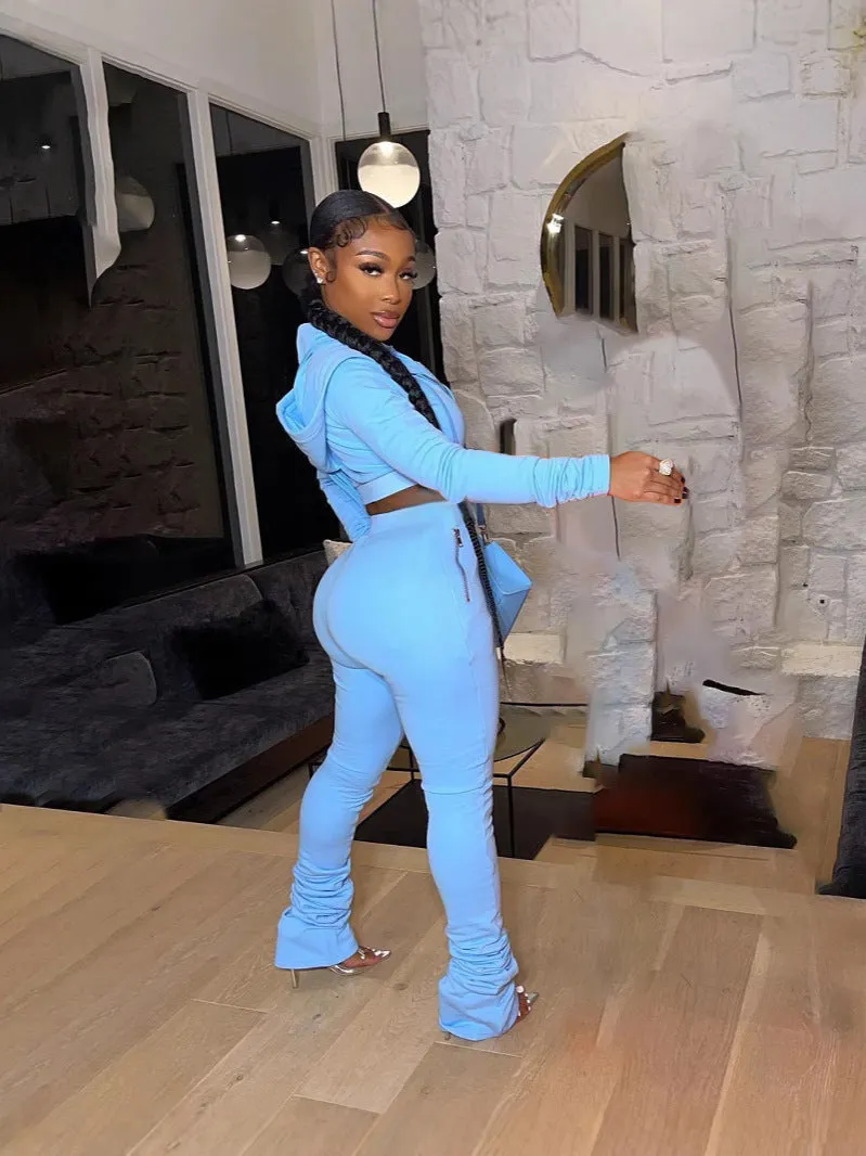 Stylish Cropped Hoodie and Ruched High-Waist Pants Two-Piece Set