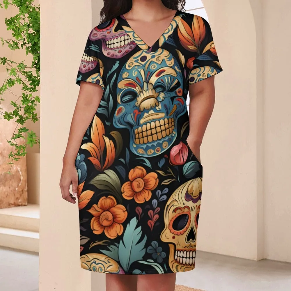 Sugar Skulls Floral V-Neck Loose Pocket Short Sleeve Dress