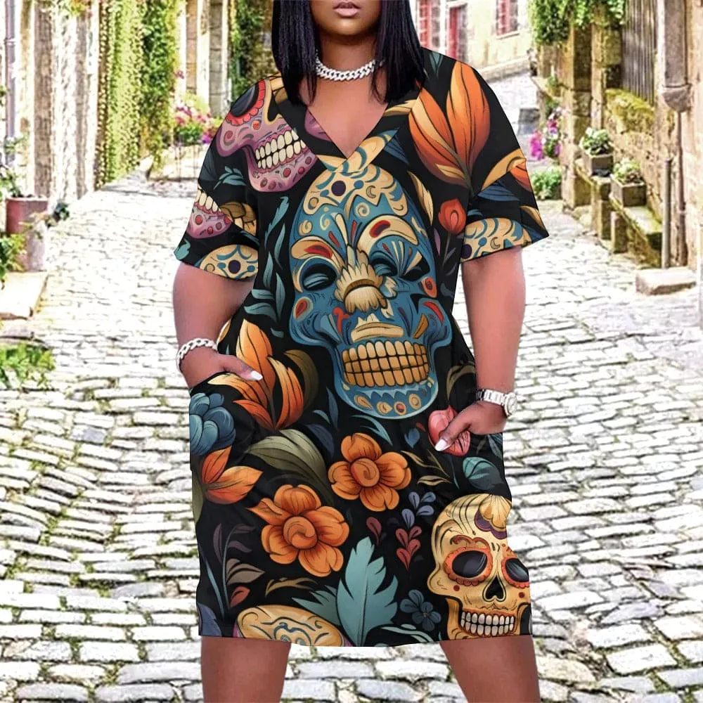Sugar Skulls Floral V-Neck Loose Pocket Short Sleeve Dress