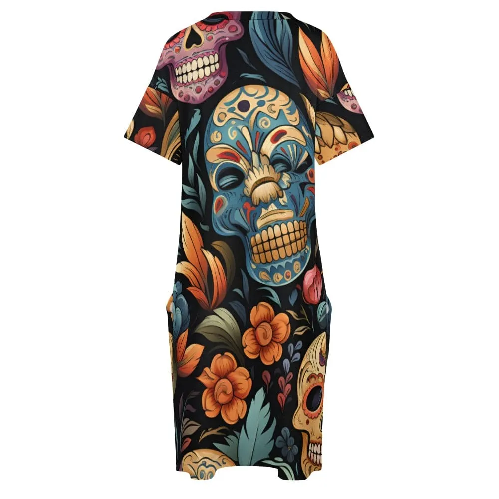 Sugar Skulls Floral V-Neck Loose Pocket Short Sleeve Dress