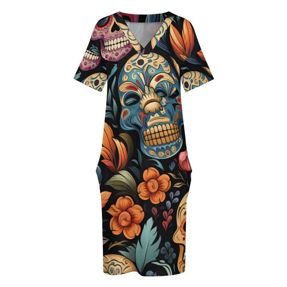Sugar Skulls Floral V-Neck Loose Pocket Short Sleeve Dress
