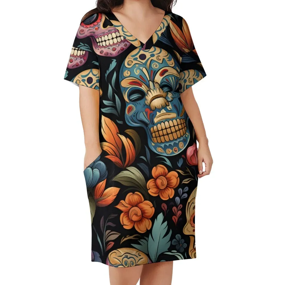 Sugar Skulls Floral V-Neck Loose Pocket Short Sleeve Dress