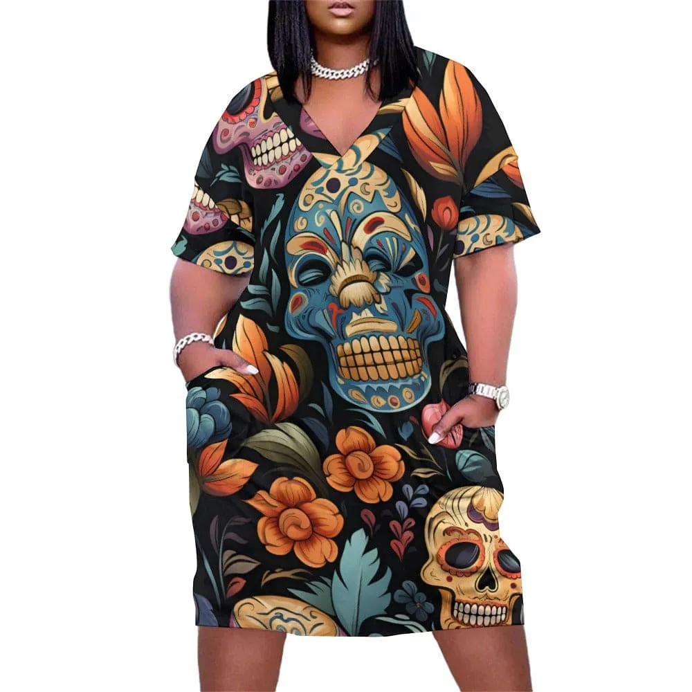 Sugar Skulls Floral V-Neck Loose Pocket Short Sleeve Dress