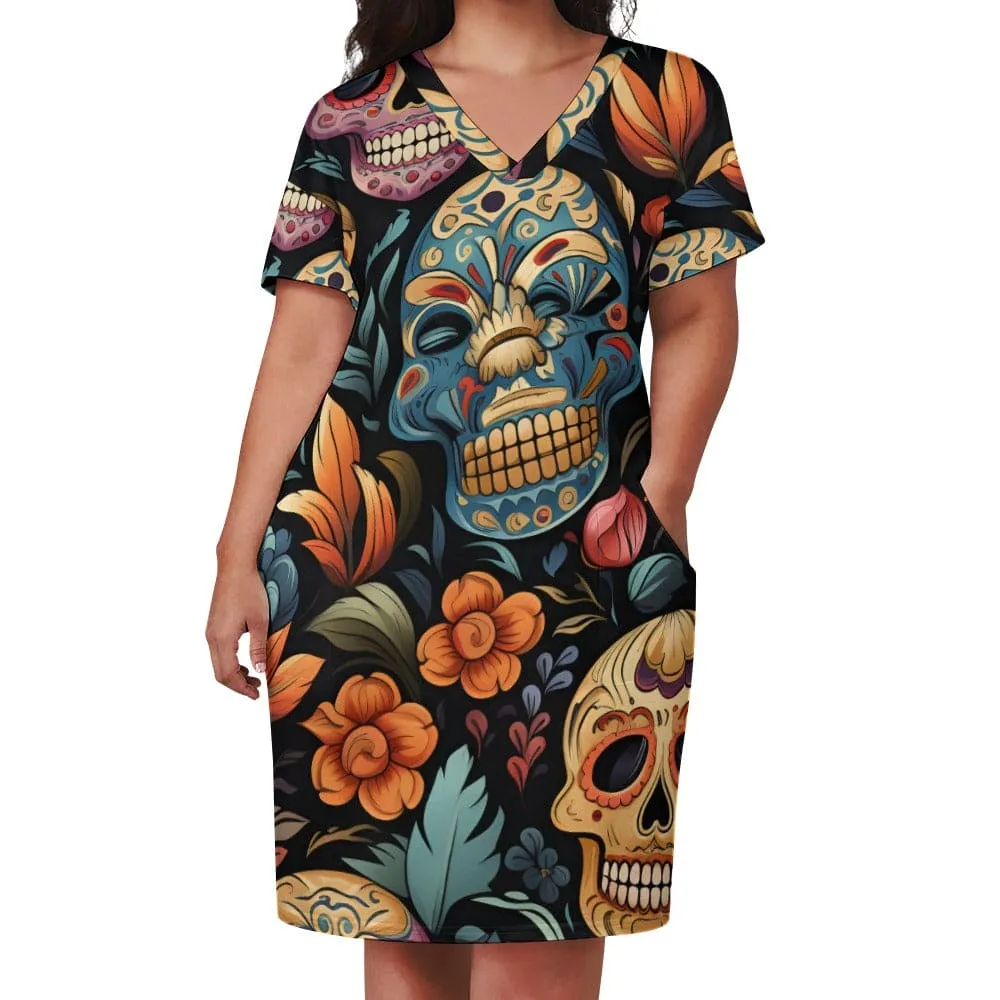 Sugar Skulls Floral V-Neck Loose Pocket Short Sleeve Dress