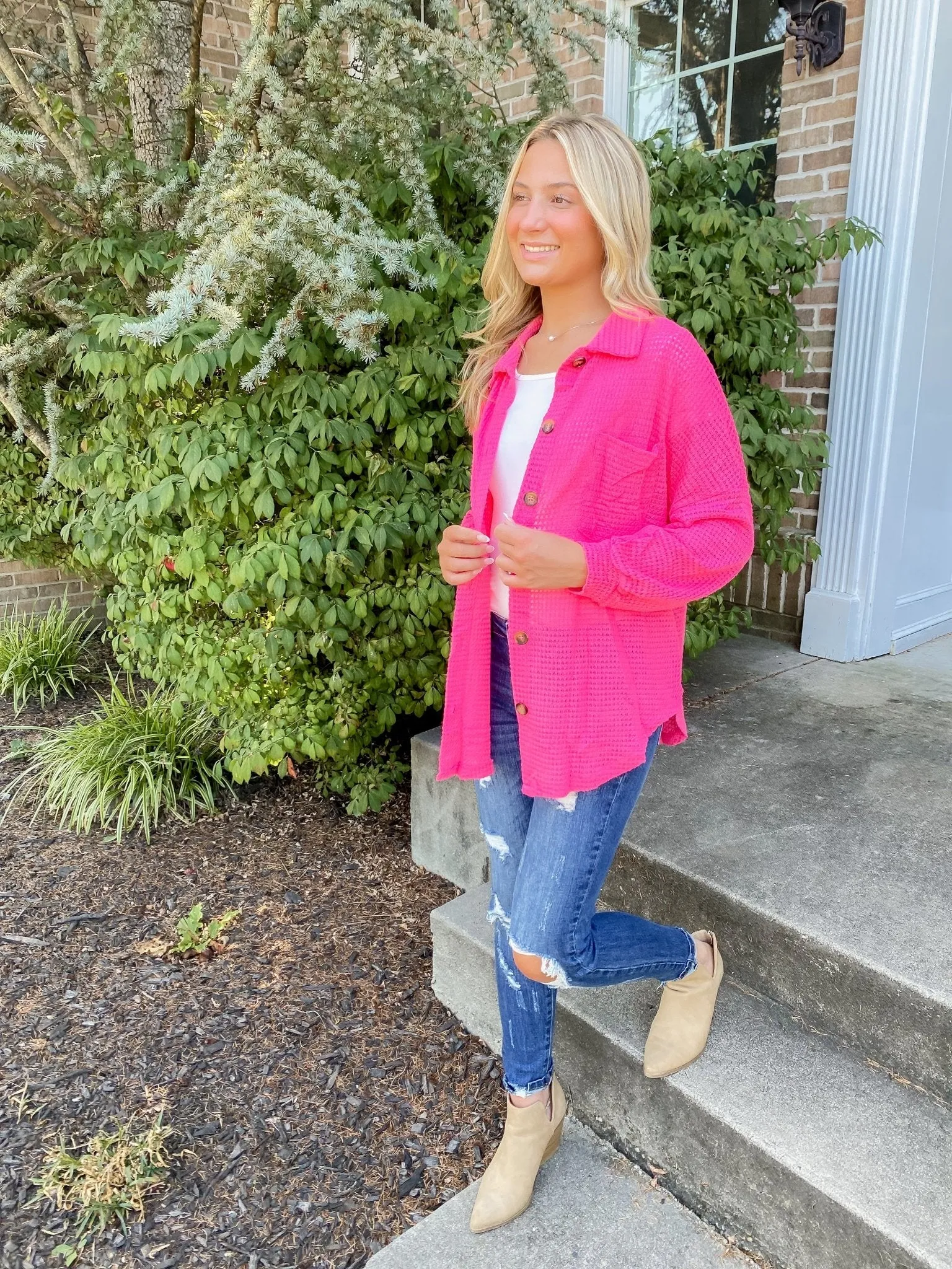 Sweet Secrets Hot Pink Waffle Knit Top