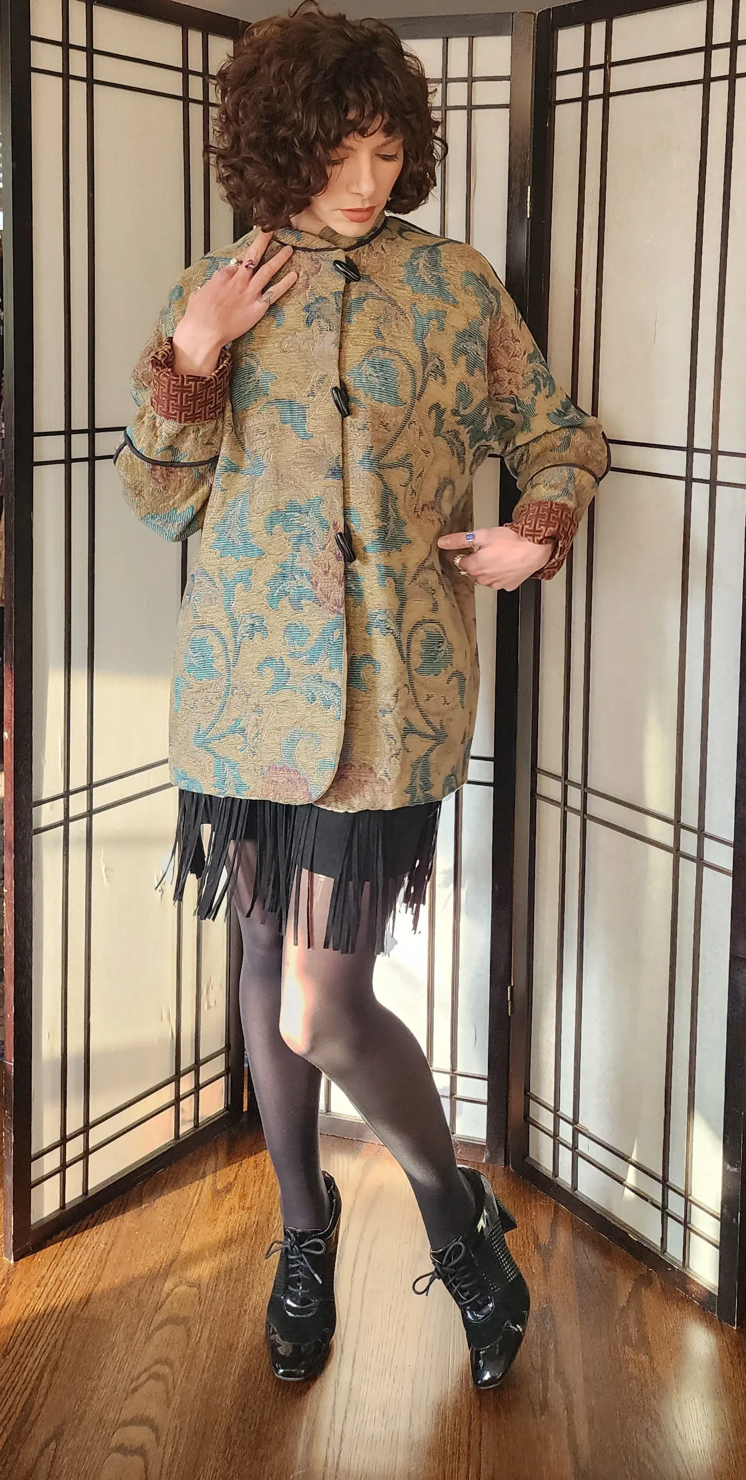 Tapestry Weave Jacket Gloria Walsh Gold Green Leafy Pattern