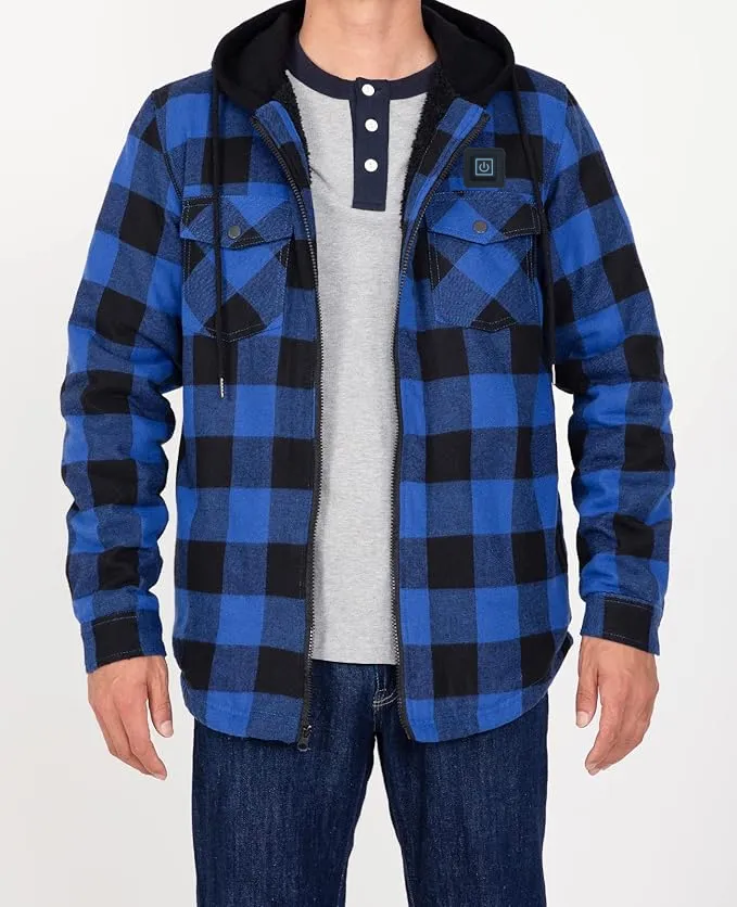 USB-C Heated Blue Flannel Jacket with Hood all Sherpa Lining