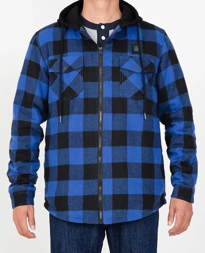 USB-C Heated Blue Flannel Jacket with Hood all Sherpa Lining