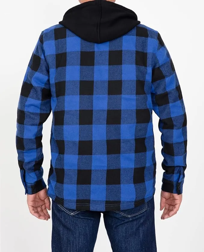 USB-C Heated Blue Flannel Jacket with Hood all Sherpa Lining