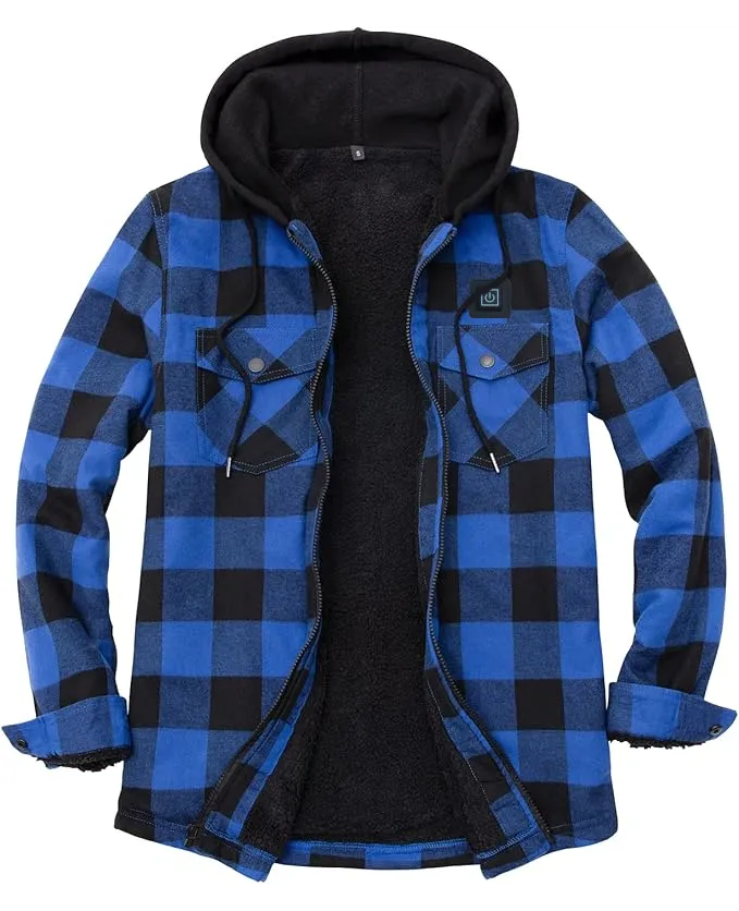 USB-C Heated Blue Flannel Jacket with Hood all Sherpa Lining