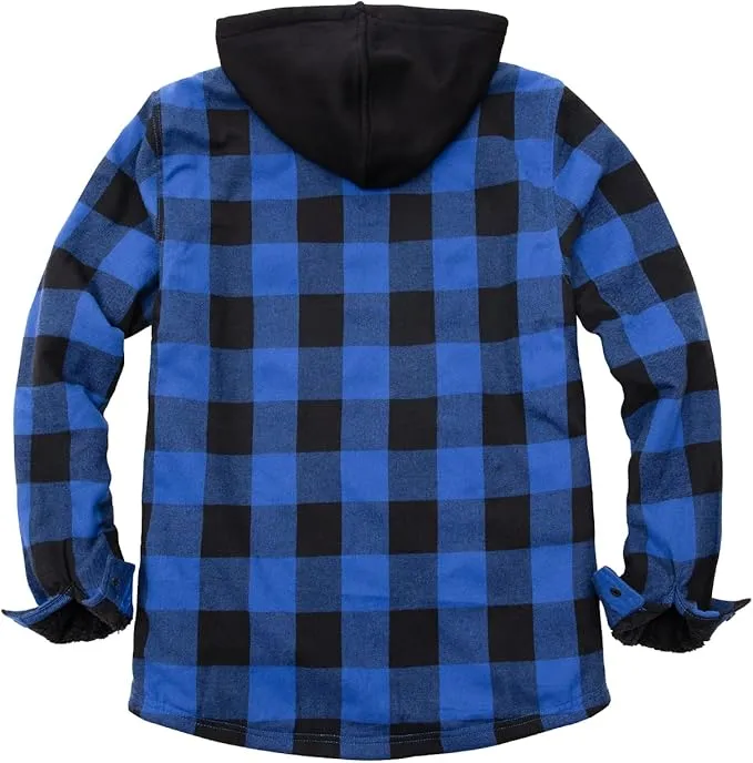 USB-C Heated Blue Flannel Jacket with Hood all Sherpa Lining