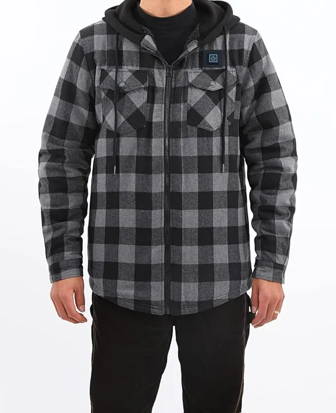 USB-C Heated Gray Flannel Jacket with Hood all Sherpa Lining