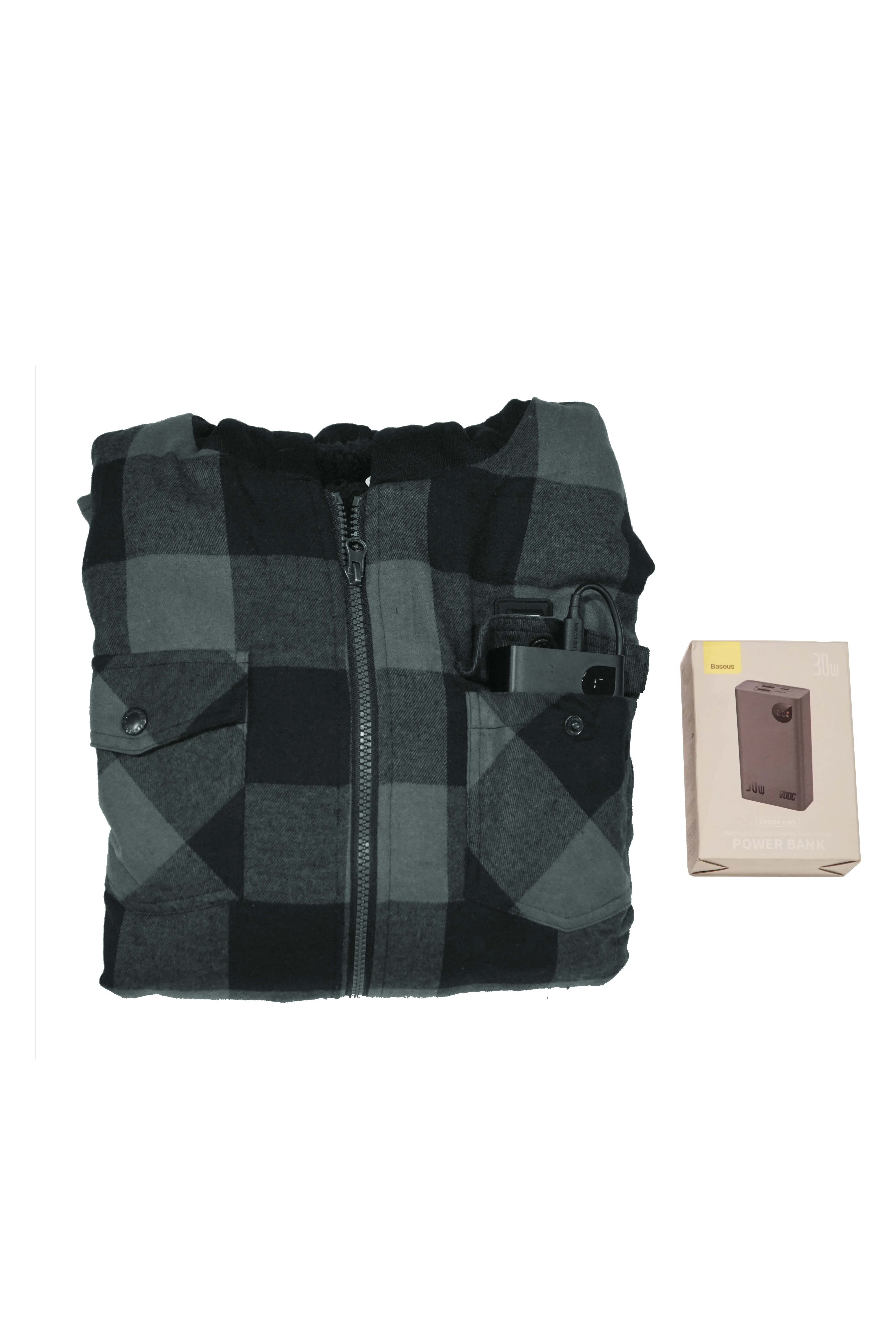 USB-C Heated Gray Flannel Jacket with Hood all Sherpa Lining