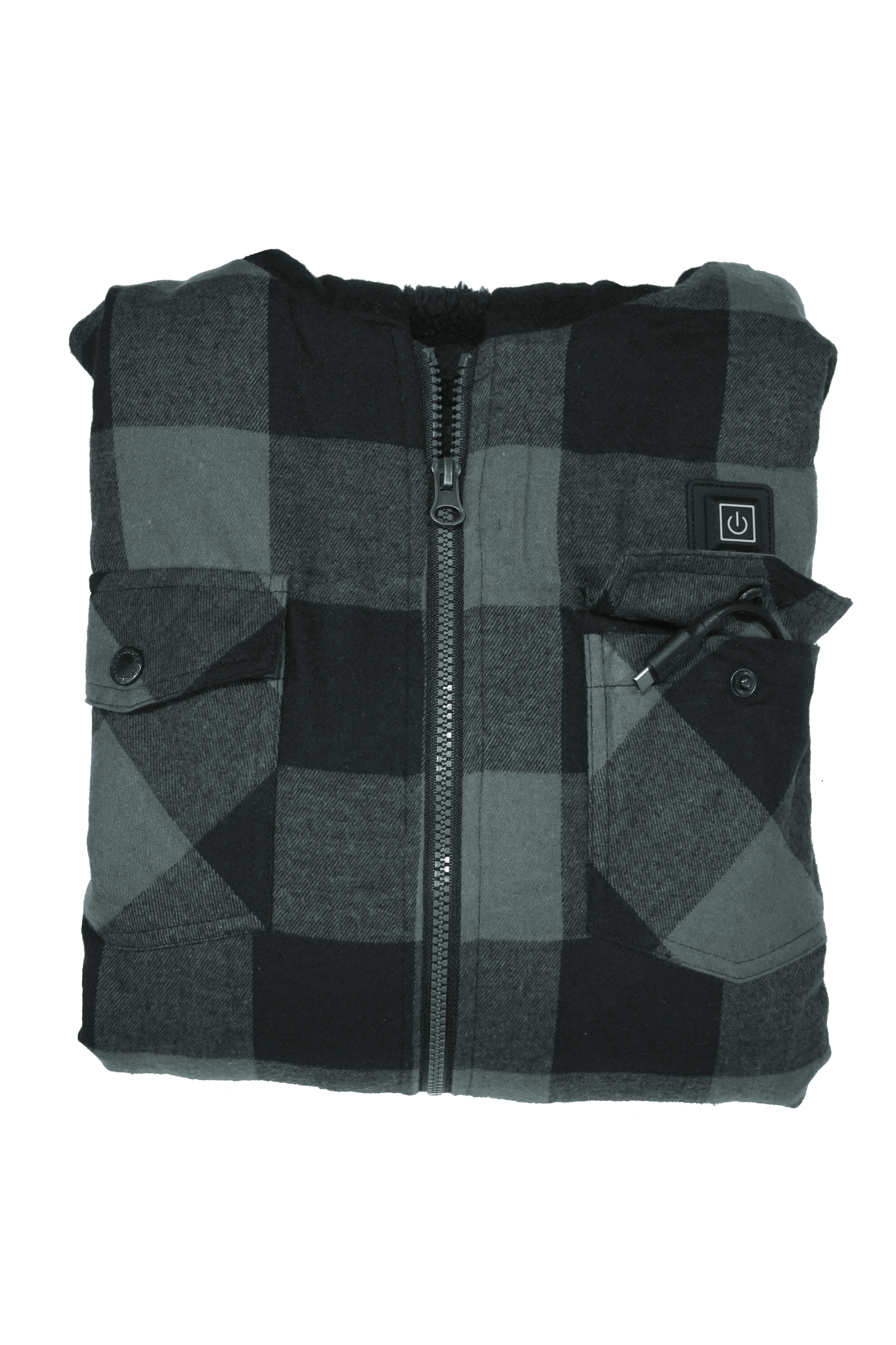 USB-C Heated Gray Flannel Jacket with Hood all Sherpa Lining