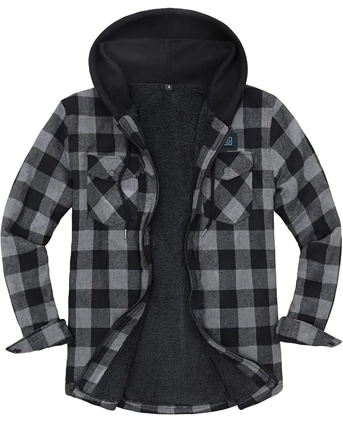 USB-C Heated Gray Flannel Jacket with Hood all Sherpa Lining