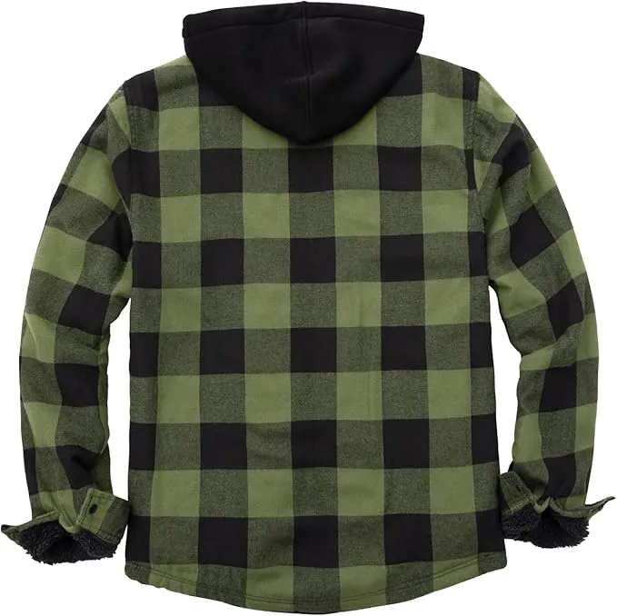 USB-C Heated Green Flannel Jacket with Hood all Sherpa Lining
