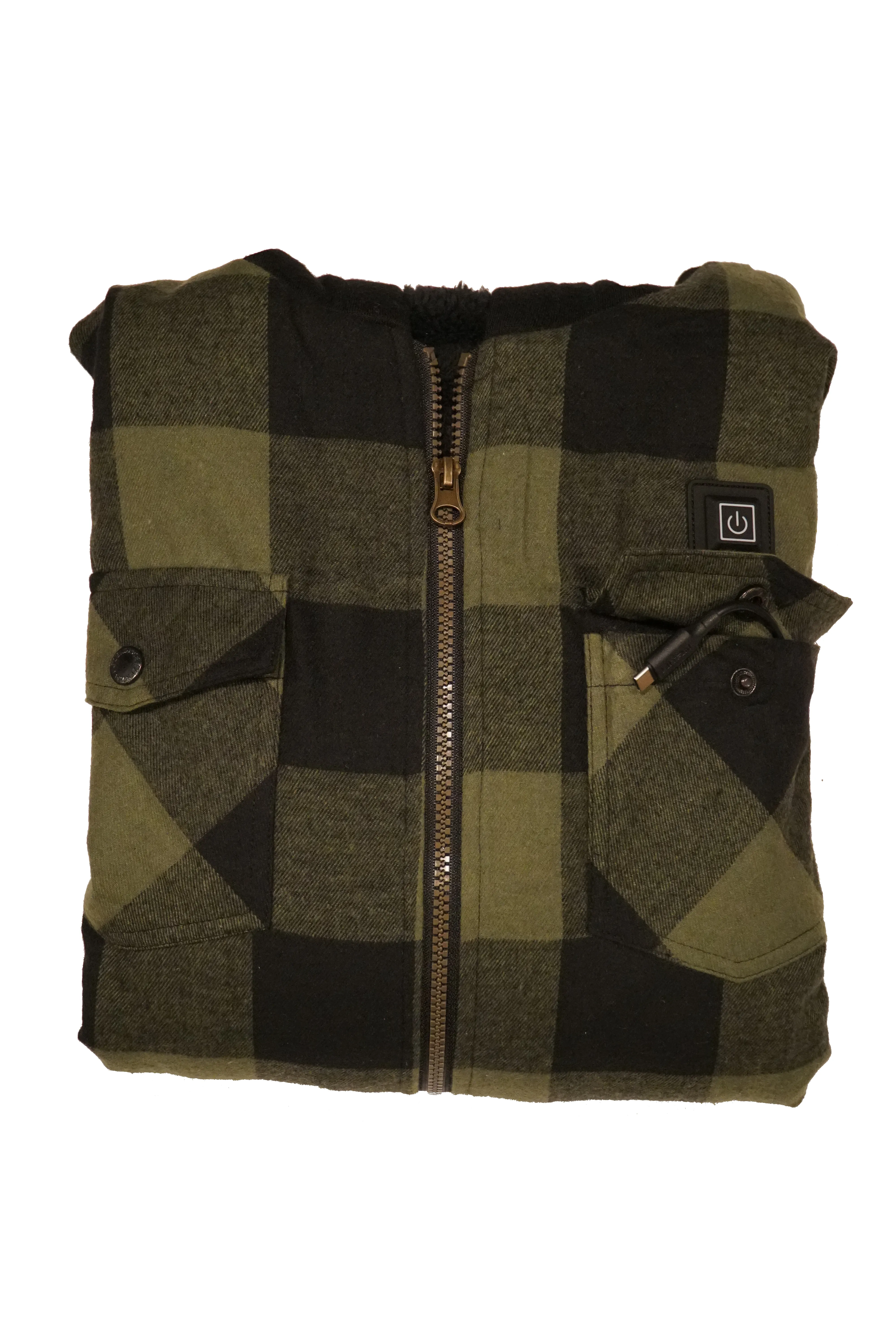 USB-C Heated Green Flannel Jacket with Hood all Sherpa Lining