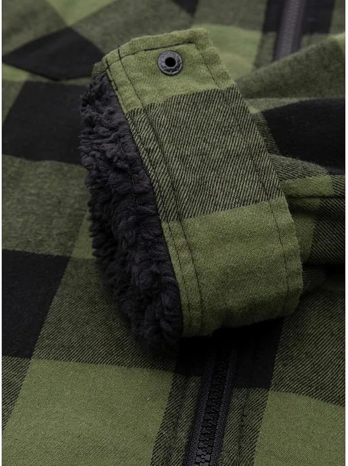 USB-C Heated Green Flannel Jacket with Hood all Sherpa Lining