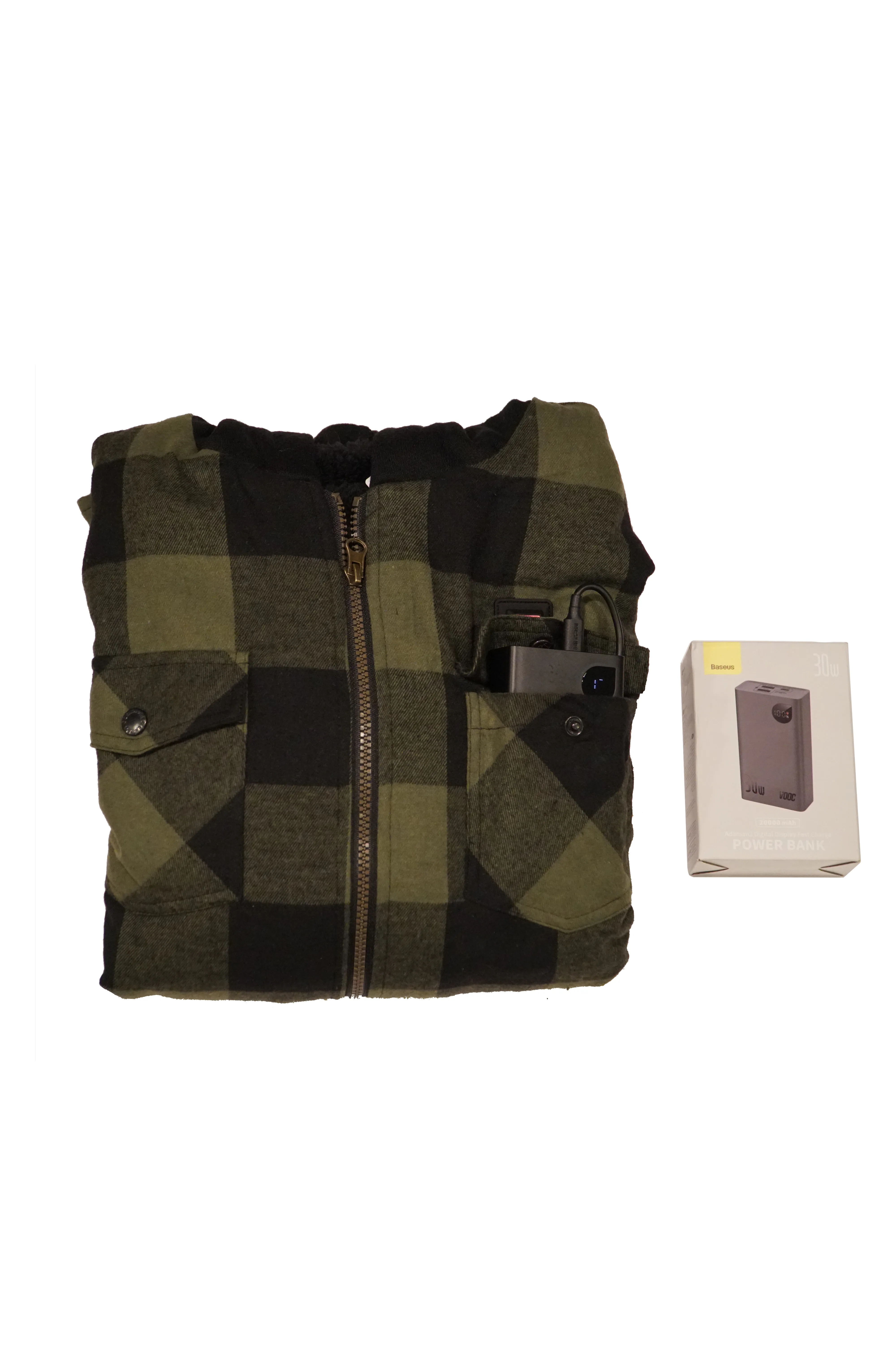 USB-C Heated Green Flannel Jacket with Hood all Sherpa Lining