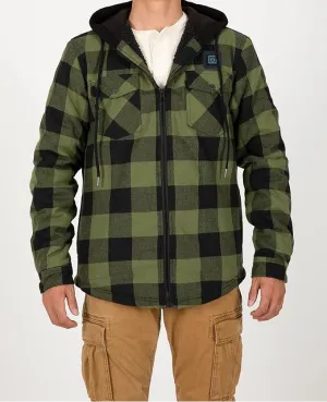 USB-C Heated Green Flannel Jacket with Hood all Sherpa Lining