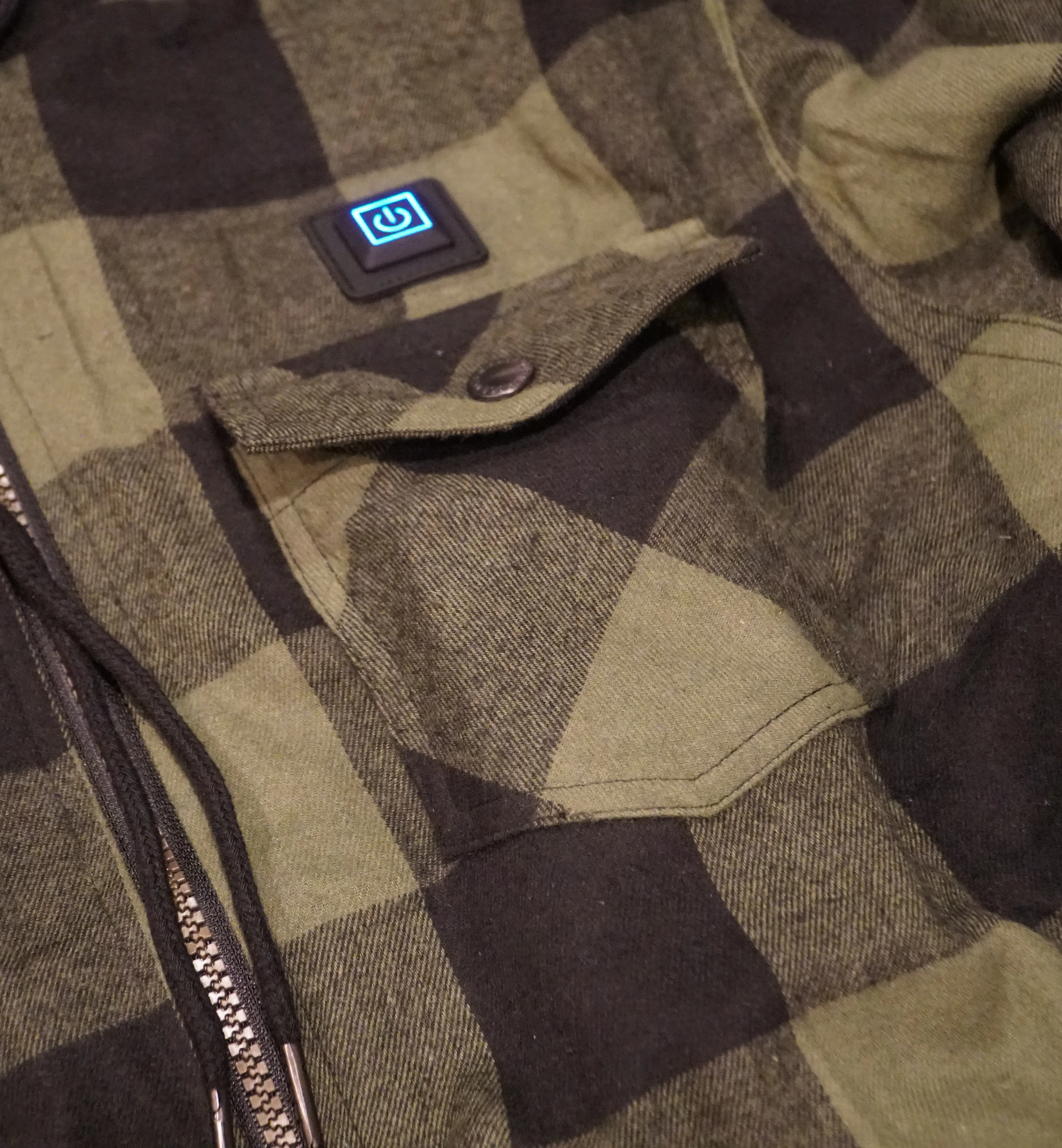USB-C Heated Green Flannel Jacket with Hood all Sherpa Lining