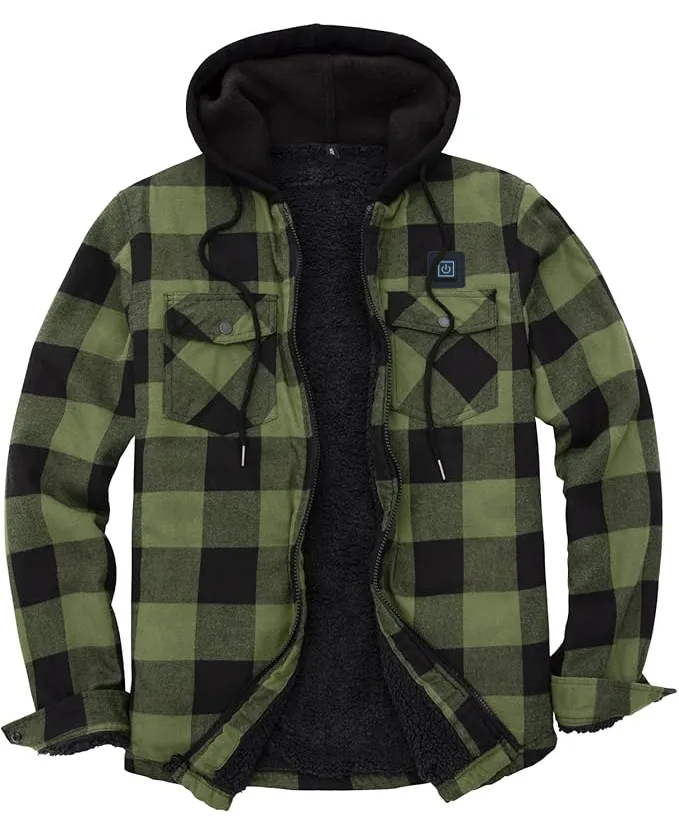 USB-C Heated Green Flannel Jacket with Hood all Sherpa Lining