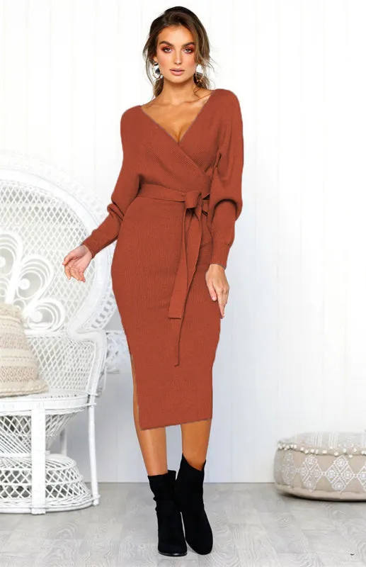 V-Neck Midi Dress with Lace-Up Wrap and Belted Waist