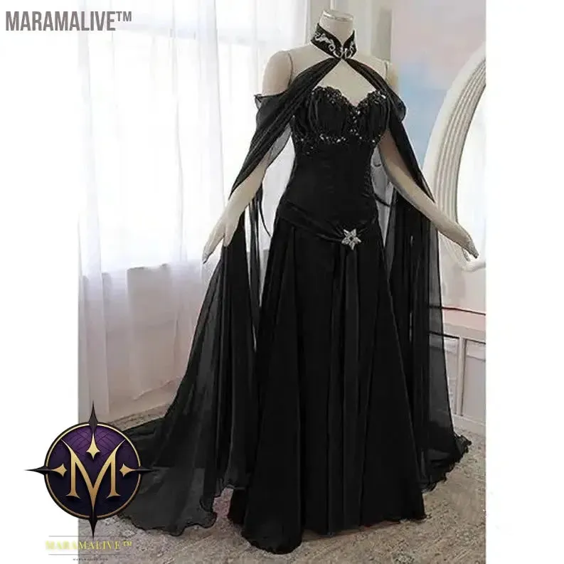 Vintage Medieval Evening Dress With Long Wrap Sweetheart Black A Line Renaissance Victorian Gothic Prom Party Gown For Women